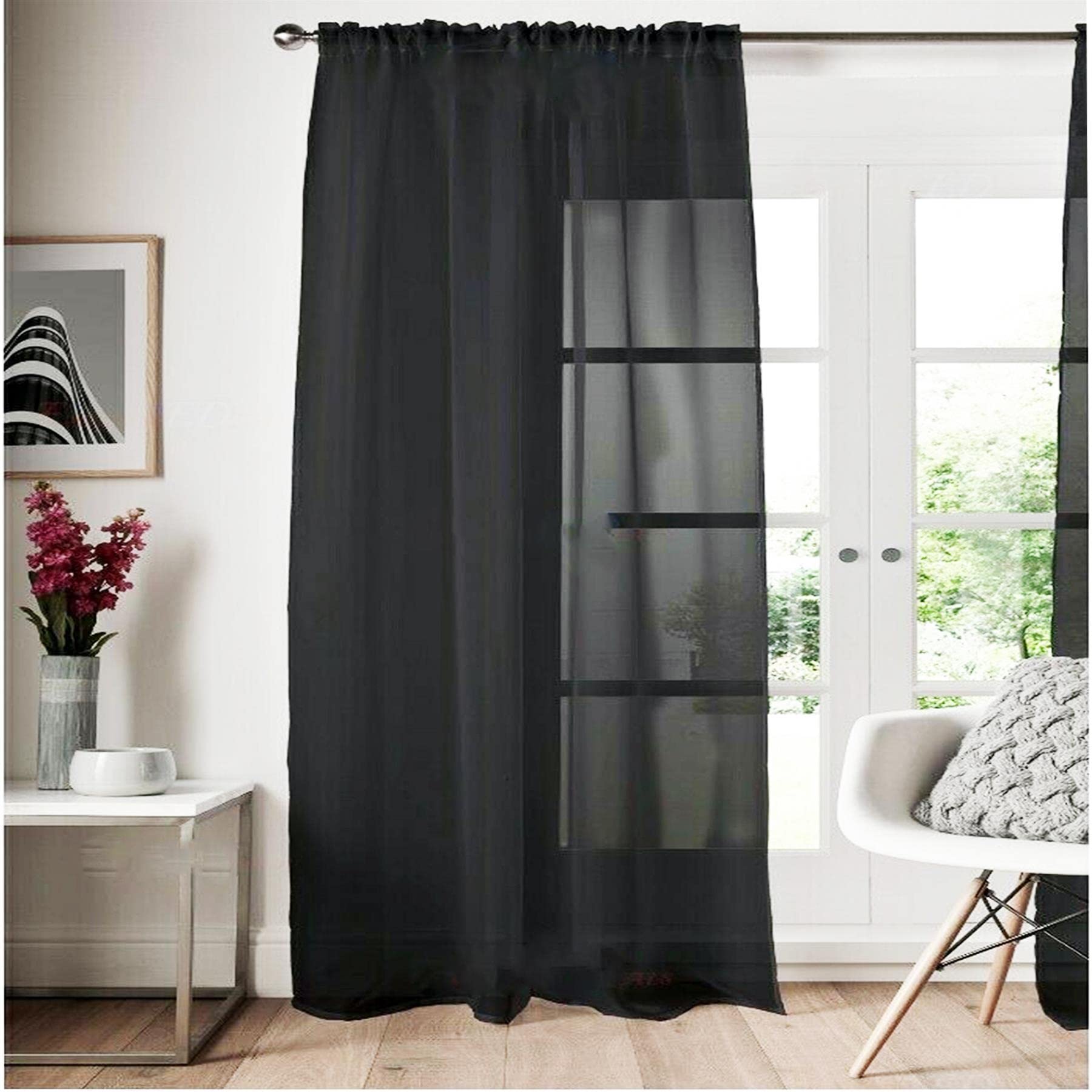 Roseley Slot Top Voile Curtain 1 Panel Mesh See Through Living Room Patio Door Drape Nursery Sheer Organza Net Curtain (Black, W:58 x D:108'')