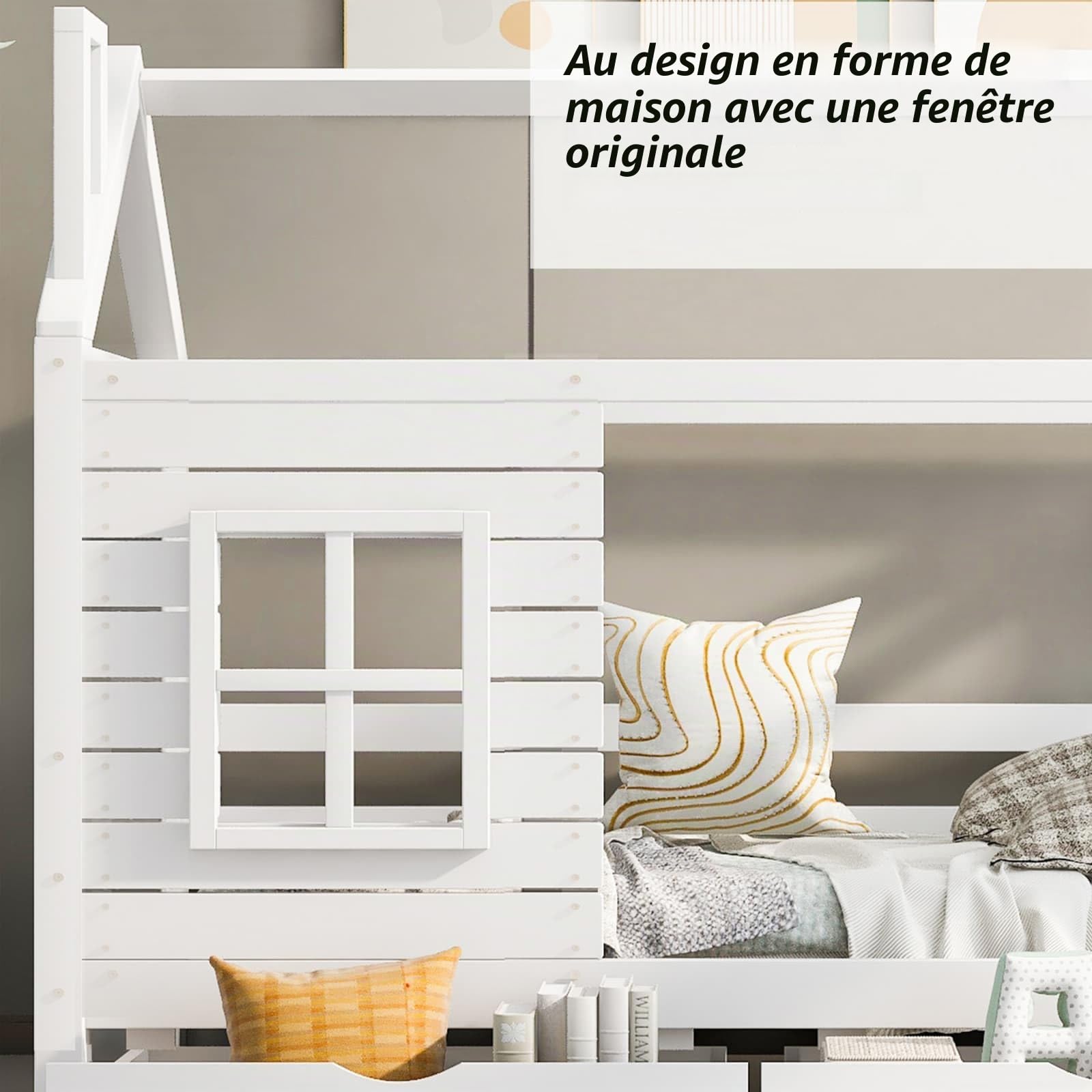 KOMHTOM Lit Cabane en Bois lit d'enfant avec 2 Tiroirs de Rangement Cadre de Lit Support à Lattes pour Filles et Garçons, Blanc(sans Matelas) (90x200cm)