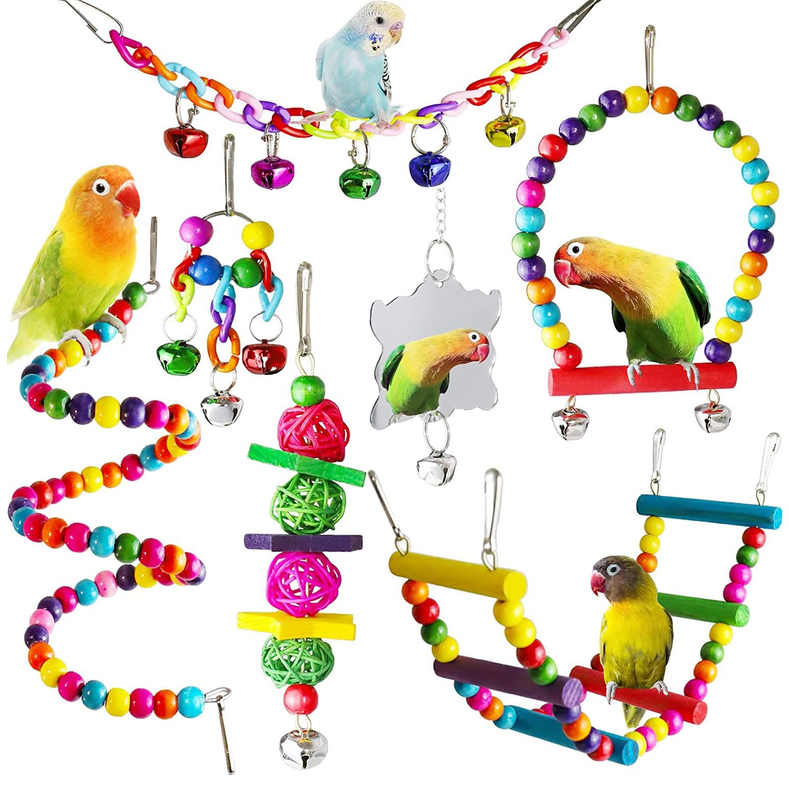 Set 7 Pezzi Giochi per Pappagalli con Campanelle e Altalene - Giocattolo Colorato da Masticare per Cockatiels e Uccelli Adorabili