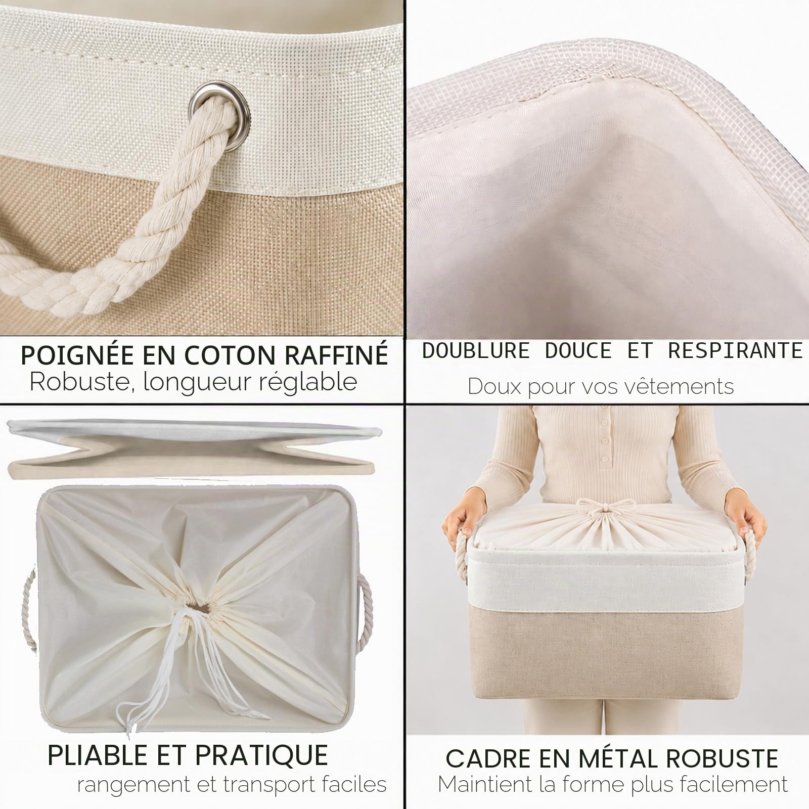 Mangata Lot de 4 boîtes de rangement extra larges en toile avec poignées pour armoires, armoires, étagères, salle de bain, vêtements, jouets, serviettes (pliables, Blanc Kaki)