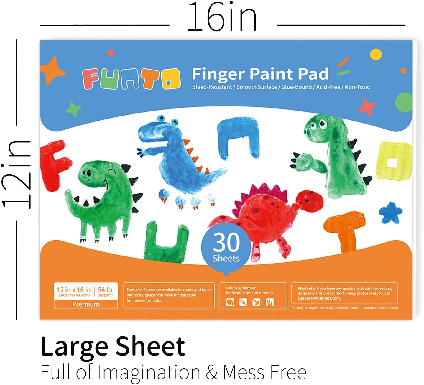 Funto Washable Finger Paint and Pads for Kids, 10 Assorted Colors, 60 Sheets Paper, Safe & Non-Toxic Finger Painting for Toddlers 1-3, Bath Paint, Toddler Art Painting Supplies, Kids Age 1 2 3 4 5 6+