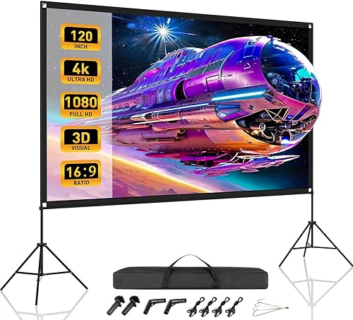 Pantalla de proyector de 120 pulgadas con soportes de trípode duales, pantalla de proyector portátil para exteriores 169 4K HD, plegable,
