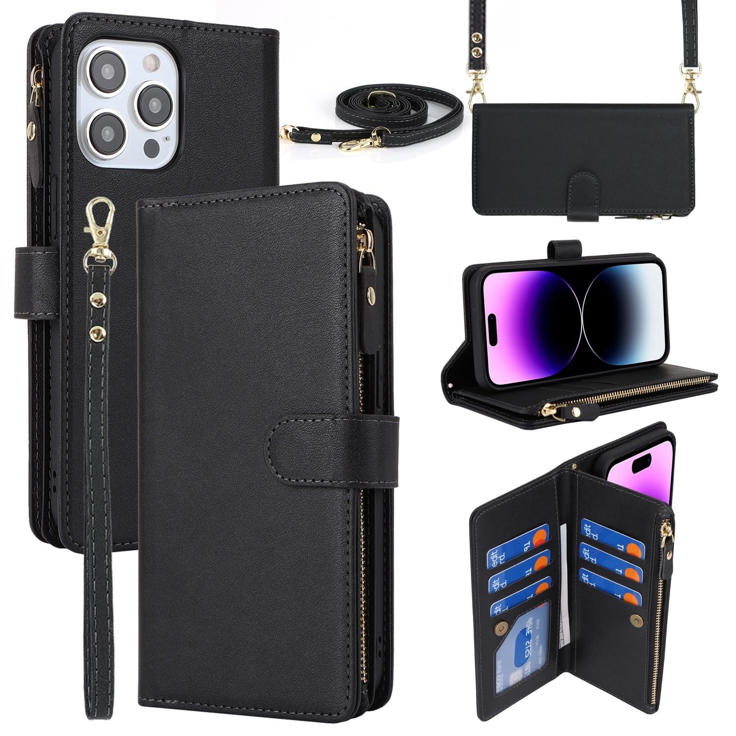 iCoverCase Compatible with iPhone 15 Pro Max Crossbody Case with Strap, Wallet Phone Case Card Holder [Not Detachable] PU Leather Kickstand Zipper