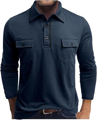 Mens Vintage Polo Shirts Fashion Textured Golf Tops Lapel Button Pullover Shirts Casual Long Sleeve Tops with Pockets