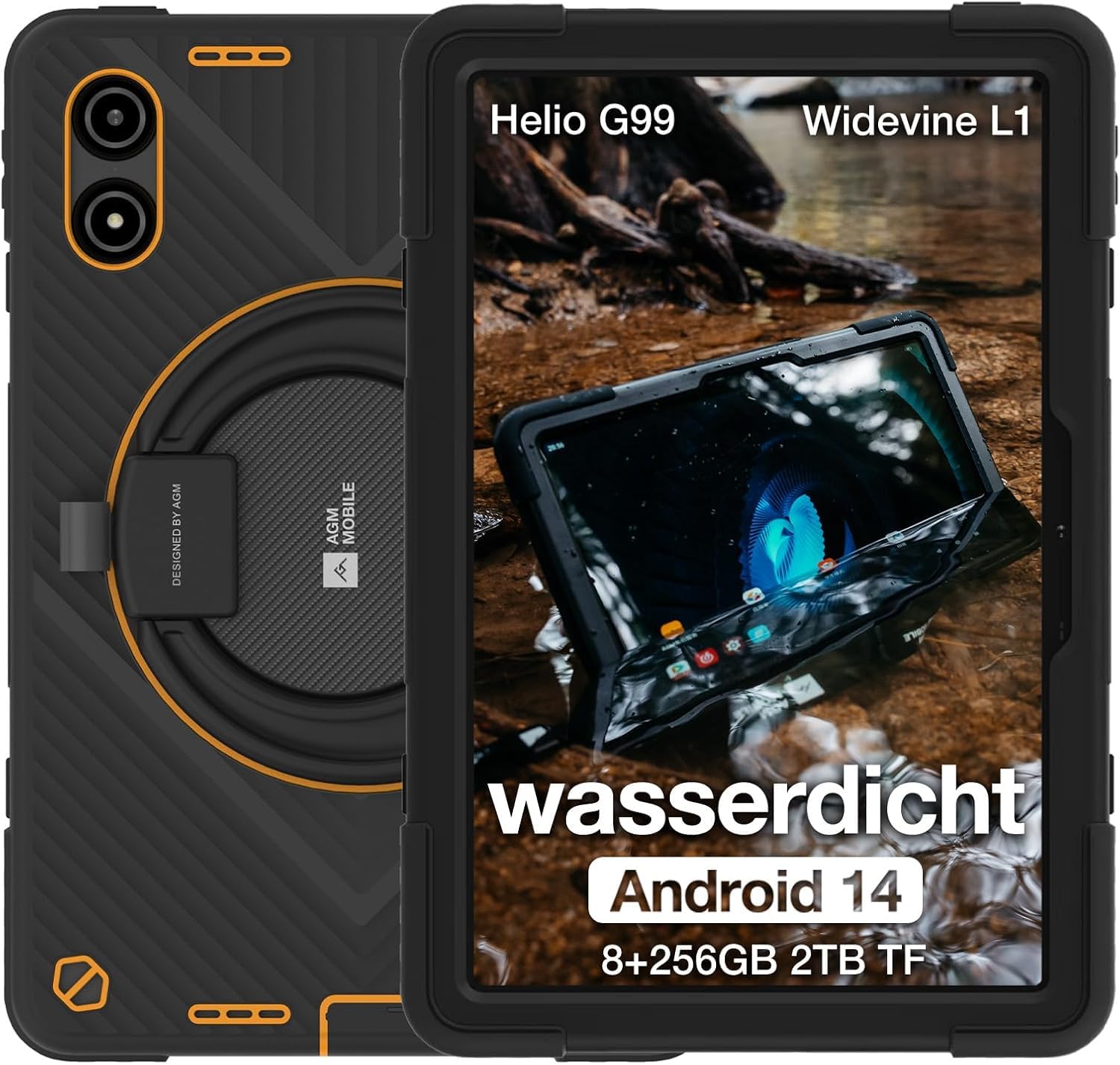 AGM Outdoor Tablet, Helio G99,8 GB + 256GB, Android 14, IP68/69K/Dual SIM 4G LTE/5G Hz WiFi/OTG//Widevine L1/Kompass/G-AI