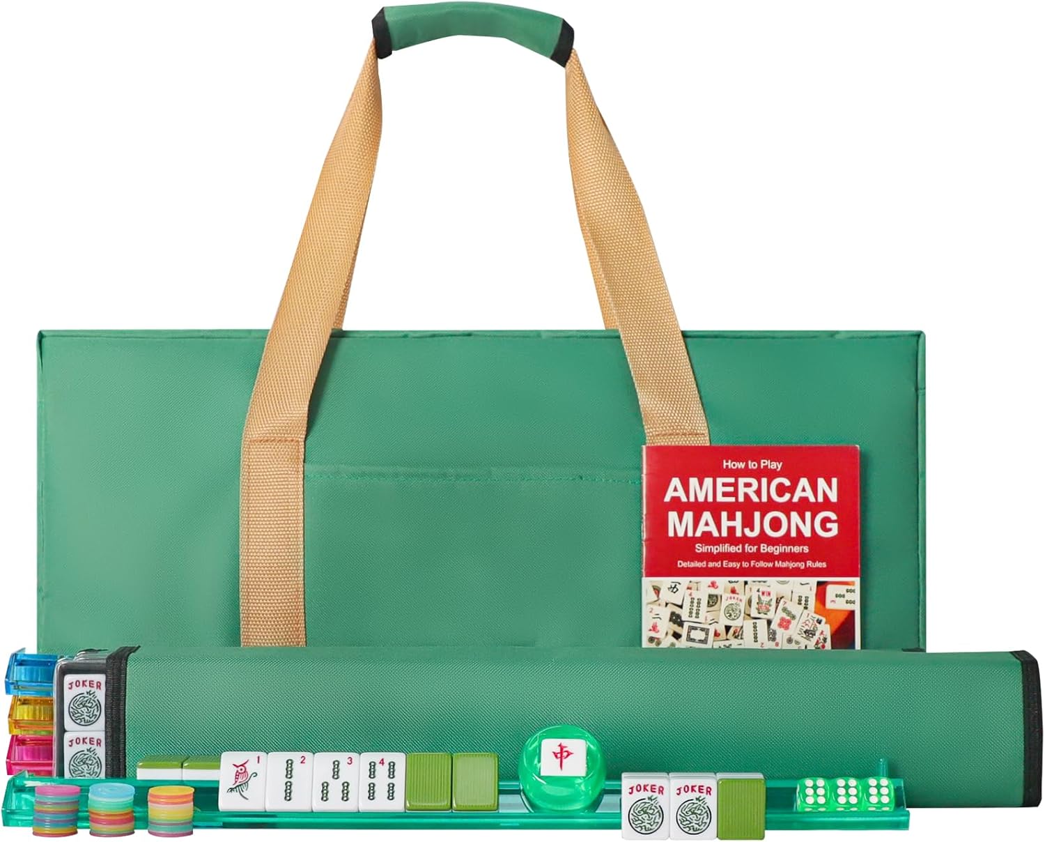 American Mahjong Game Set, 166 Green Tiles, 4 All-in-One Color Rack/Pushers, Complete Mahjong Tile Set?Green Carrying Bag