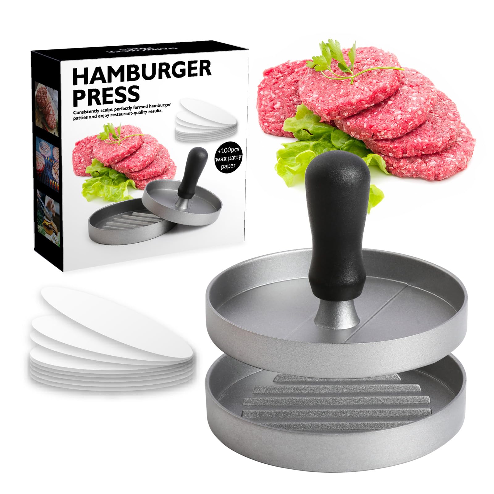 Burger Press with 100 Wax Paper Non-Stick Meat Patty Hamburger Food Grade Aluminium Alloy Burger Maker with ABS Handle 4.5 inch Press Burger for Beef Burger|BBQ|Stuffed Burger