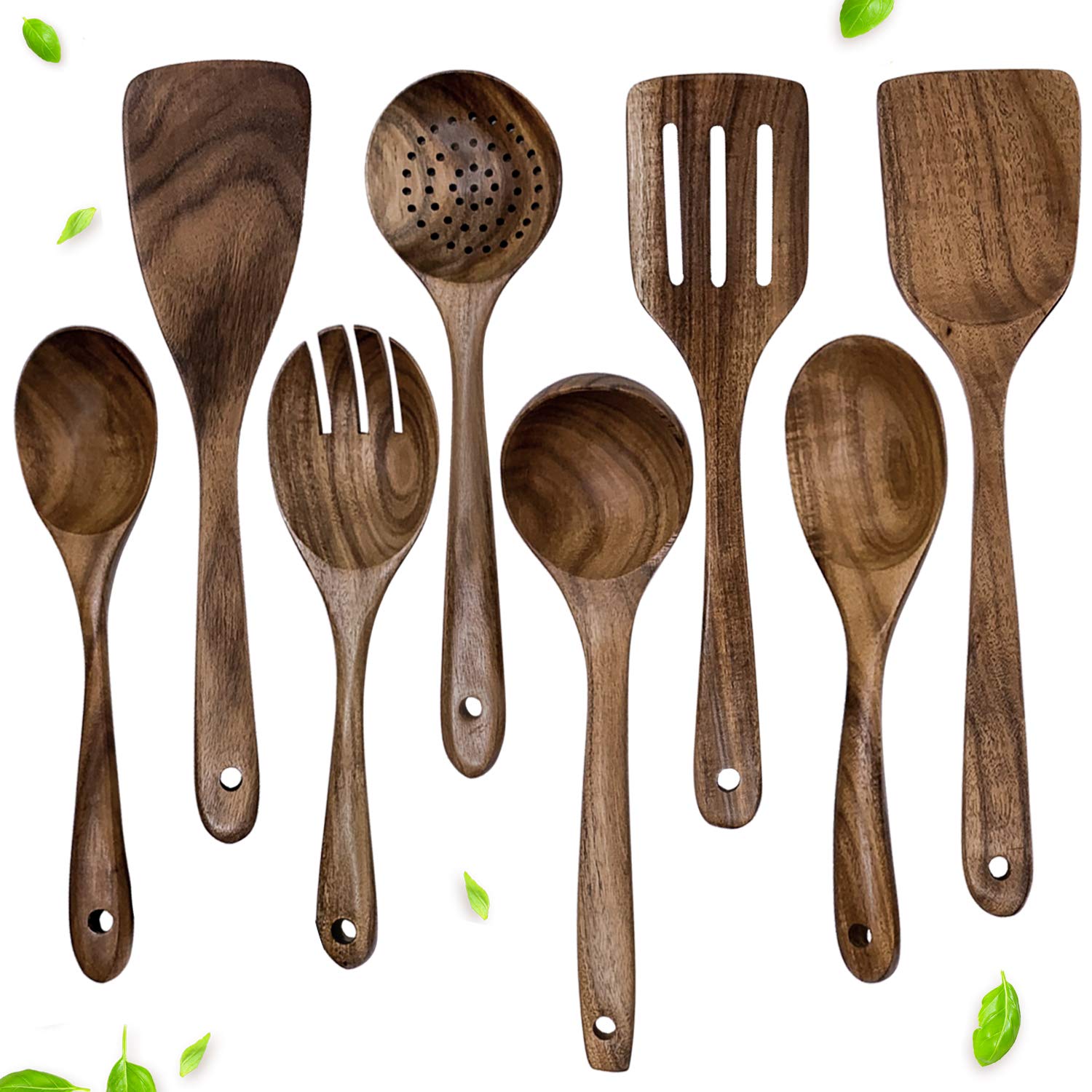 Wooden Spoons for Cooking Dishwasher Safe by HXCO – 8 Piece Nonstick Wooden Utensils for Cooking – Teak Wooden Cooking Ute...