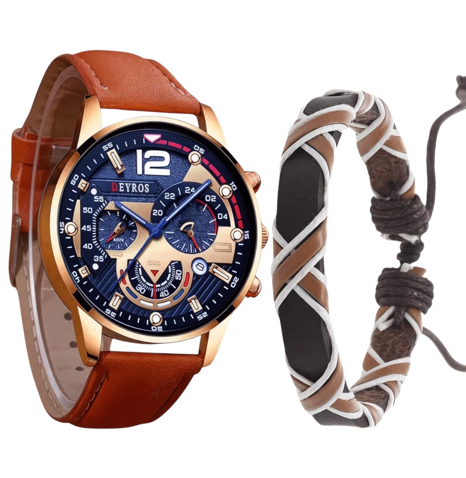 Conjunto Reloj y Pulsera Hombre DEYROS – Correa de Cuero Vegano, Diseño Elegante, Caja Regalo Premium con Certificado de Garantía Navidad, Cumpleaños y Aniversarios