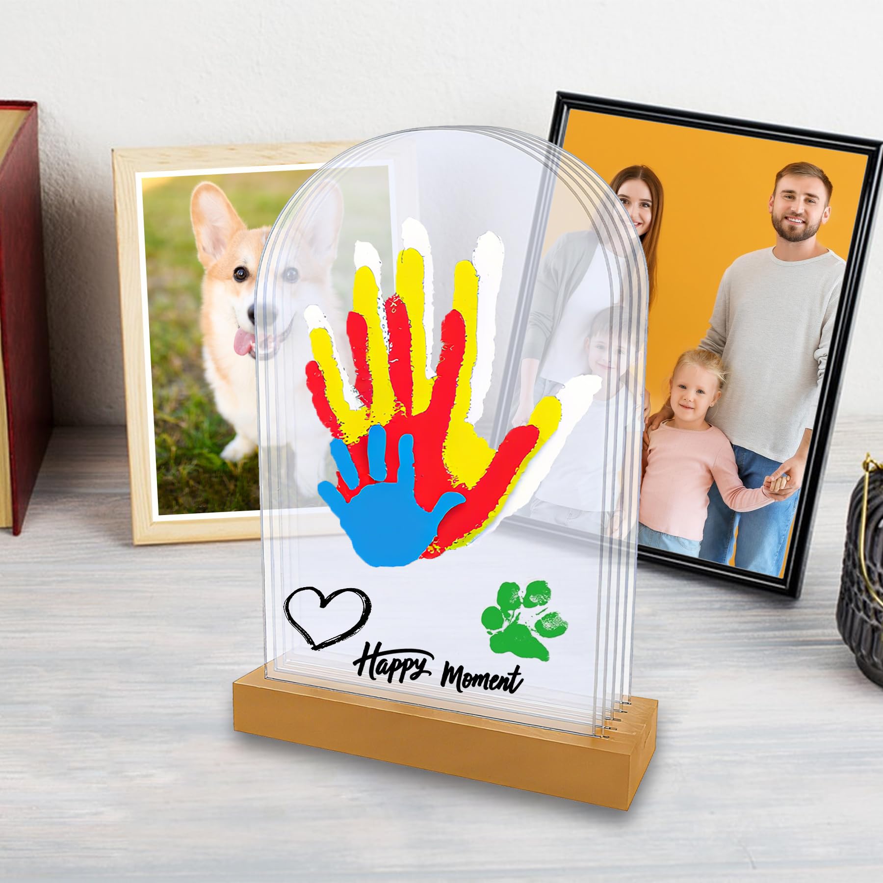 Kit d'empreintes de Mains et Pied Bébé 5 Panneaux Plexiglas Base Bois Souvenir DIY