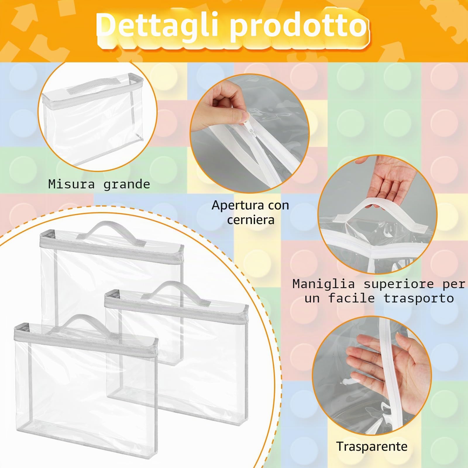 10 sacchetti grandi in PVC con cerniera, 33 x 31 x 8 cm, impermeabili e riutilizzabili