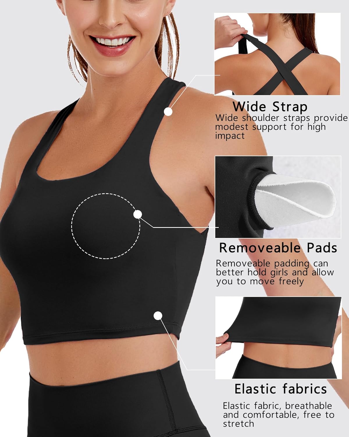 AngiMelo Womens Longline Sports Bra Square Neck Workout Tops Support Crop Tank Strappy Yoga Top Built in Bra Teens - Image 5