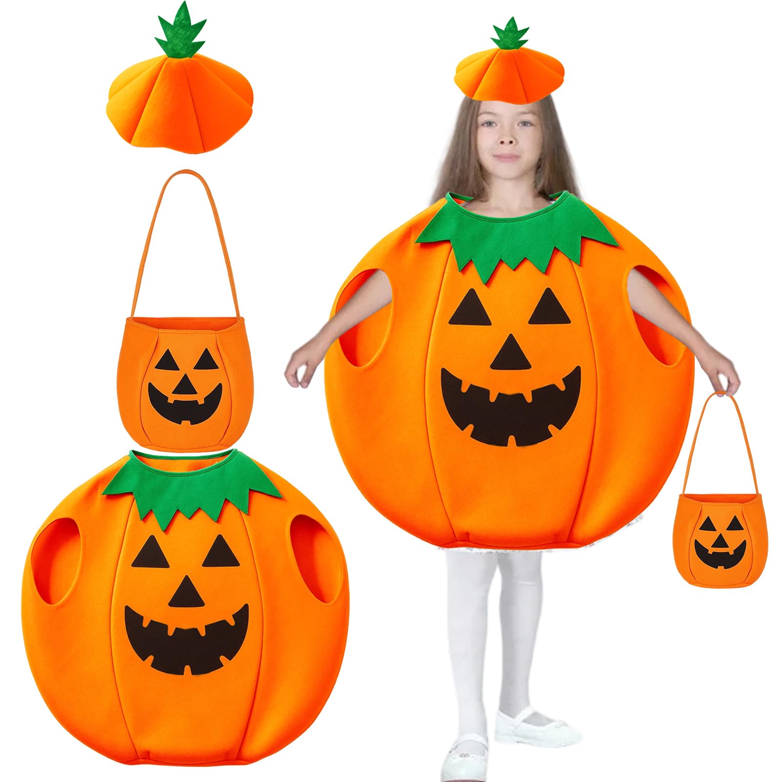 3Pcs Pumpkin Costume Set for Kids Halloween Costumes for Toddlers and Preschoolers Pumpkin Costume with Hat and Bag