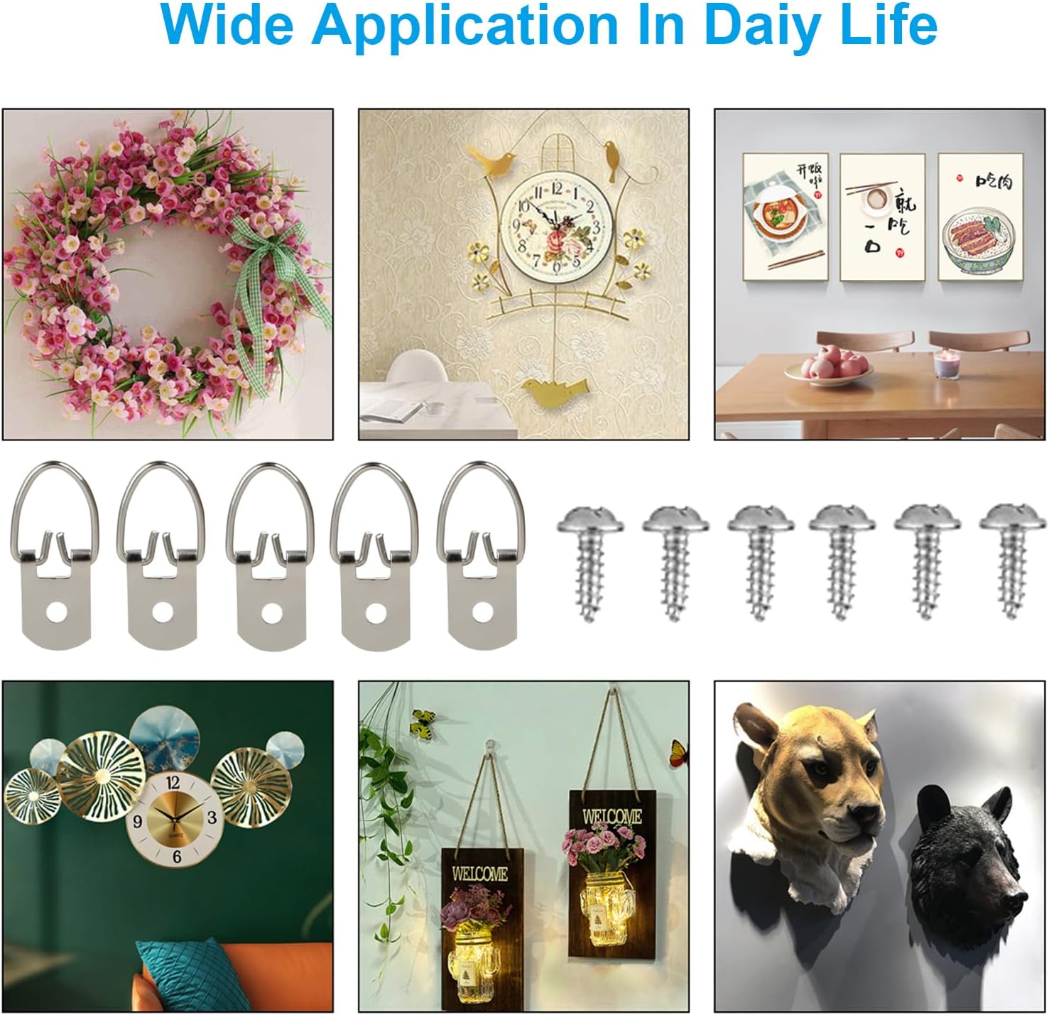 D Ring Picture Hangers Kit, YHYZ Heavy Duty D-Ring Picture Hanging Hooks (Medium) with Screws, 40 Sets, Hanging Wire Included, for Wooden Frame Mirror Clock Canvas Wall Decor