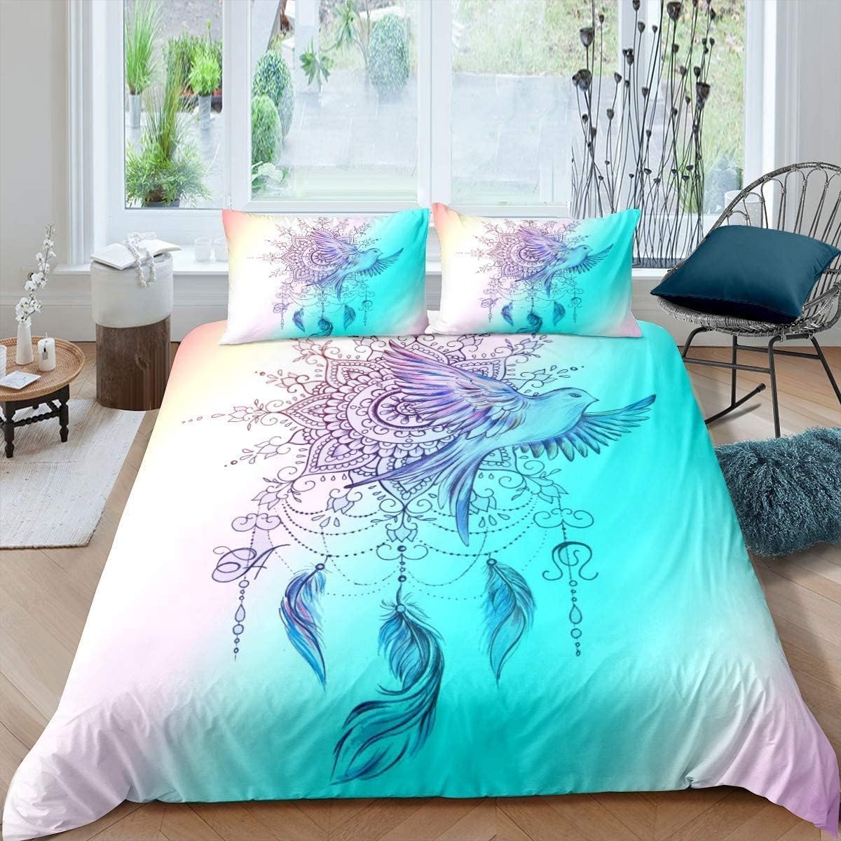 Homemissing King Dreamcatcher Bedding Set Bohemian Dreamcatcher Children's Bed Set Bohemian Hippie Feather Bird Duvet Cover Set Exotic Tribe Blue Green — image 1