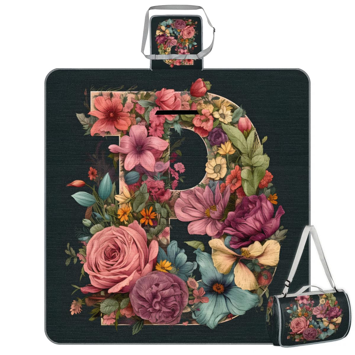 Mantas de picnic de 150 x 145 cm, diseño de flores artísticas con letra B, plegable, manta de playa para exteriores, impermeable, para playa, camping, senderismo, picnic