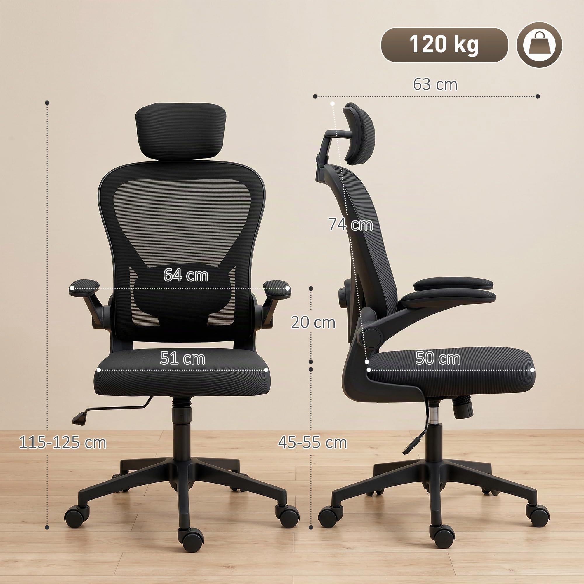HOMCOM Bürostuhl Ergonomischer Schreibtischstuhl mit Kopfteil Schwarz | Hochklappbare Armlehnen, Verstellbare Lendenwirbelstütze, Höhenverstellbarer Drehstuhl, Wippfunktion, Netzbespannung