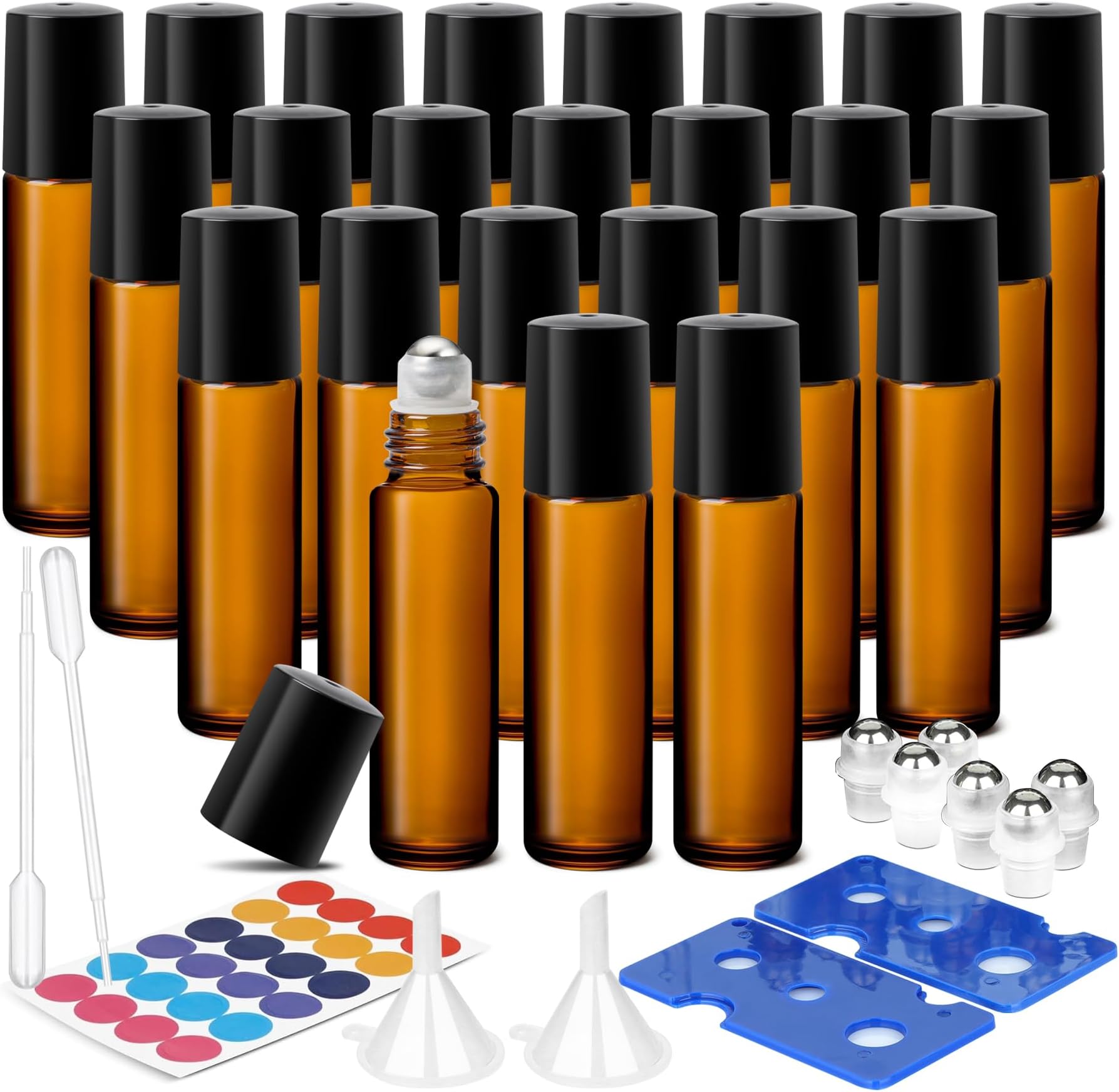 ComSaf 24 Pcs Roller Bottles for Essential Oils 10ml, Update Triple-Lock Seal Roll on Bottles Amber Perfume Glass Roller Balls for Essential Oils with Full Accessories