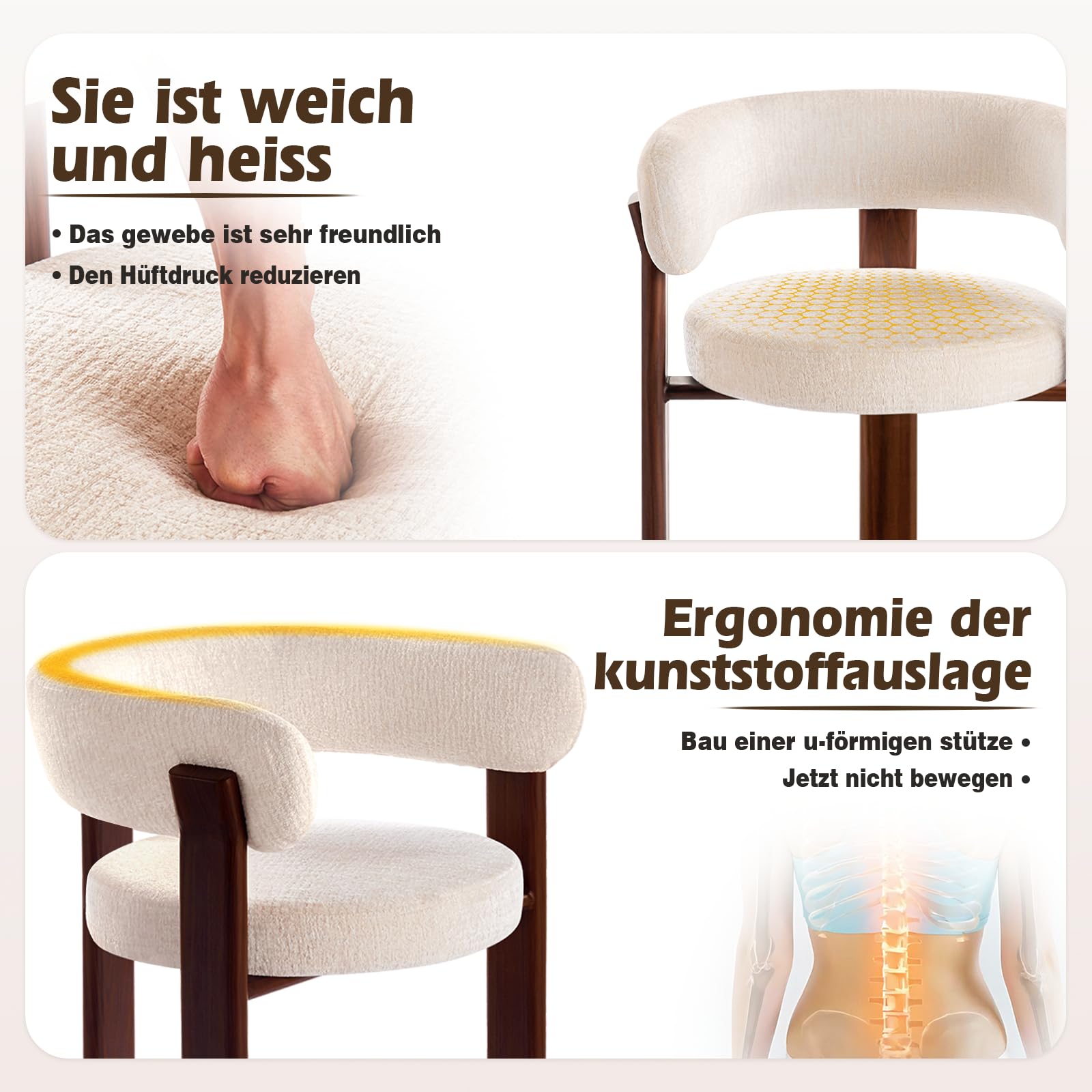 6er Set Esszimmerstühle Mid Century Modern: Gepolsterte Küchenstühle mit Ergonomischer Rückenlehne & Stabilen Metallbeinen - Komfortabler Loungestuhl für Esszimmer Wohnzimmer Café (Beige, 6er)
