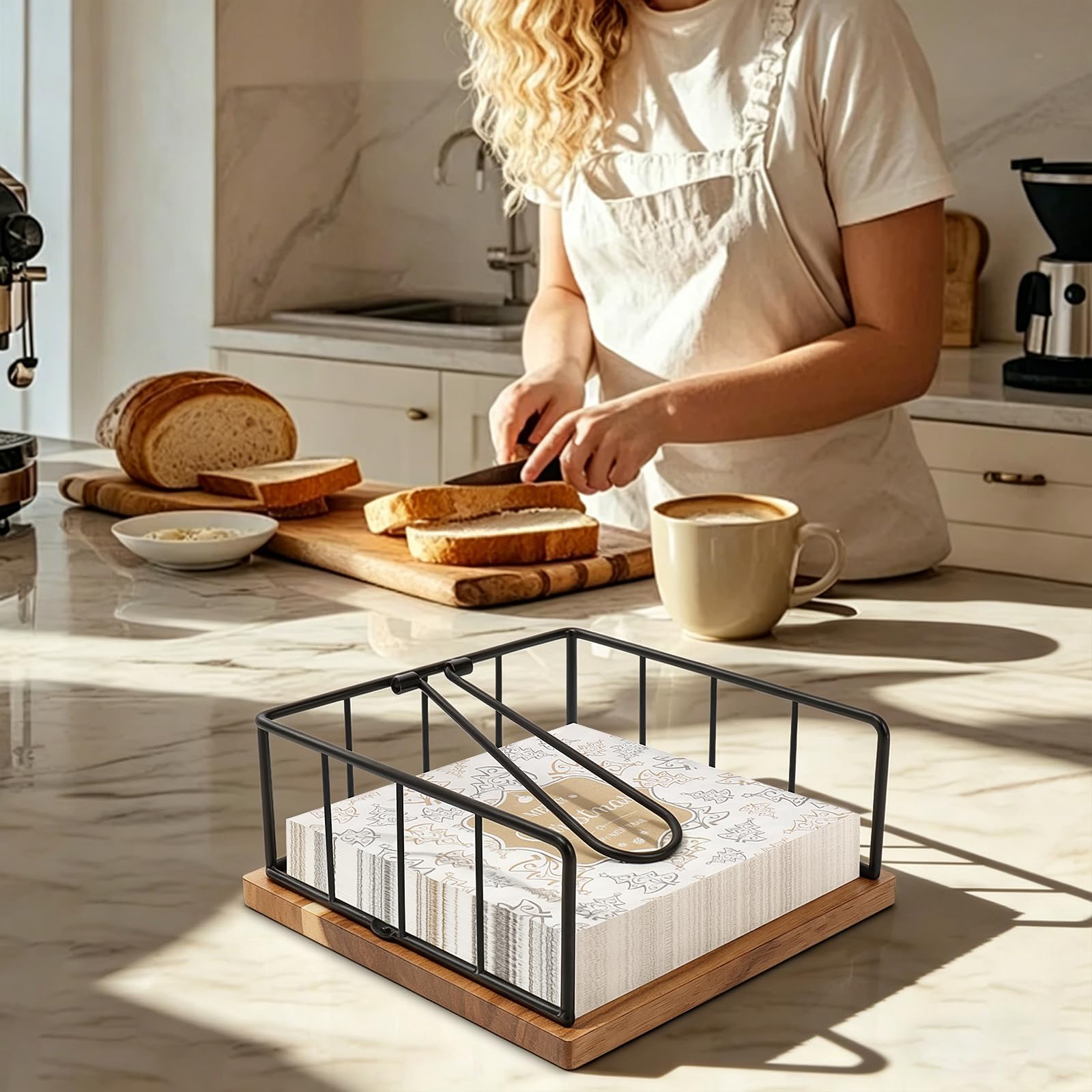 Livabber Servilletero plano, almacenamiento de servilletas de cocina de metal con brazo de tensión ponderado, dispensador de papel de seda rústico para encimera, mesa de cocina, comedor (con base de