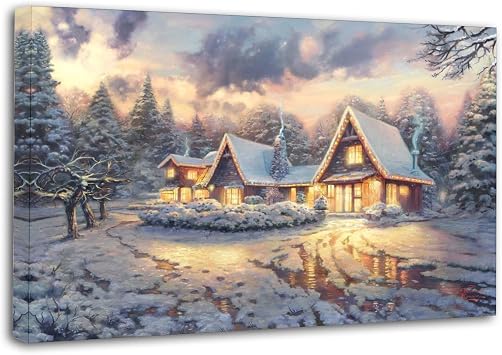 BUUTUUCE Snowy Christmas Cabin Scenery Christmas Gifts Canvas Art Poster And Wall Art Picture Print Modern Family Bedroom Decor Posters 24x36inch60x90cm