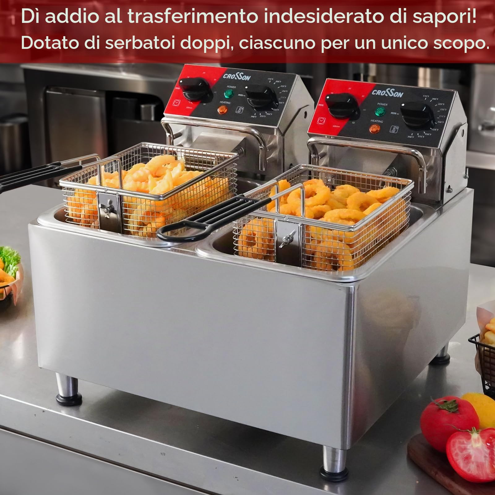 Friggitrice commerciale elettrica a doppio serbatoio CROSSON 8L con testa della friggitrice rotante, timer da 30 minitu, serbatoio dell'olio rimovibile