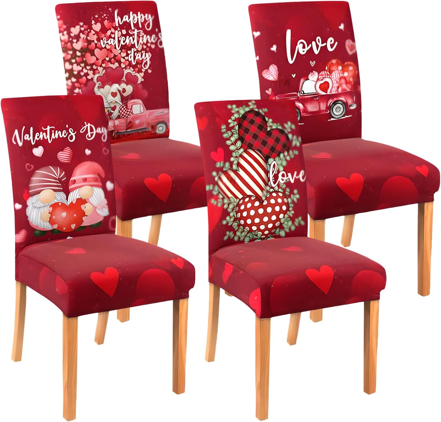 Valentines Day Chair Covers Set of 4, Valentines Decorations Stretch Removable Washable Dining Room Love Hearts Gnome Chair Protector Slipcovers Party Kitchen Home Valentine Decor (Valentine 2, 4 PCS)