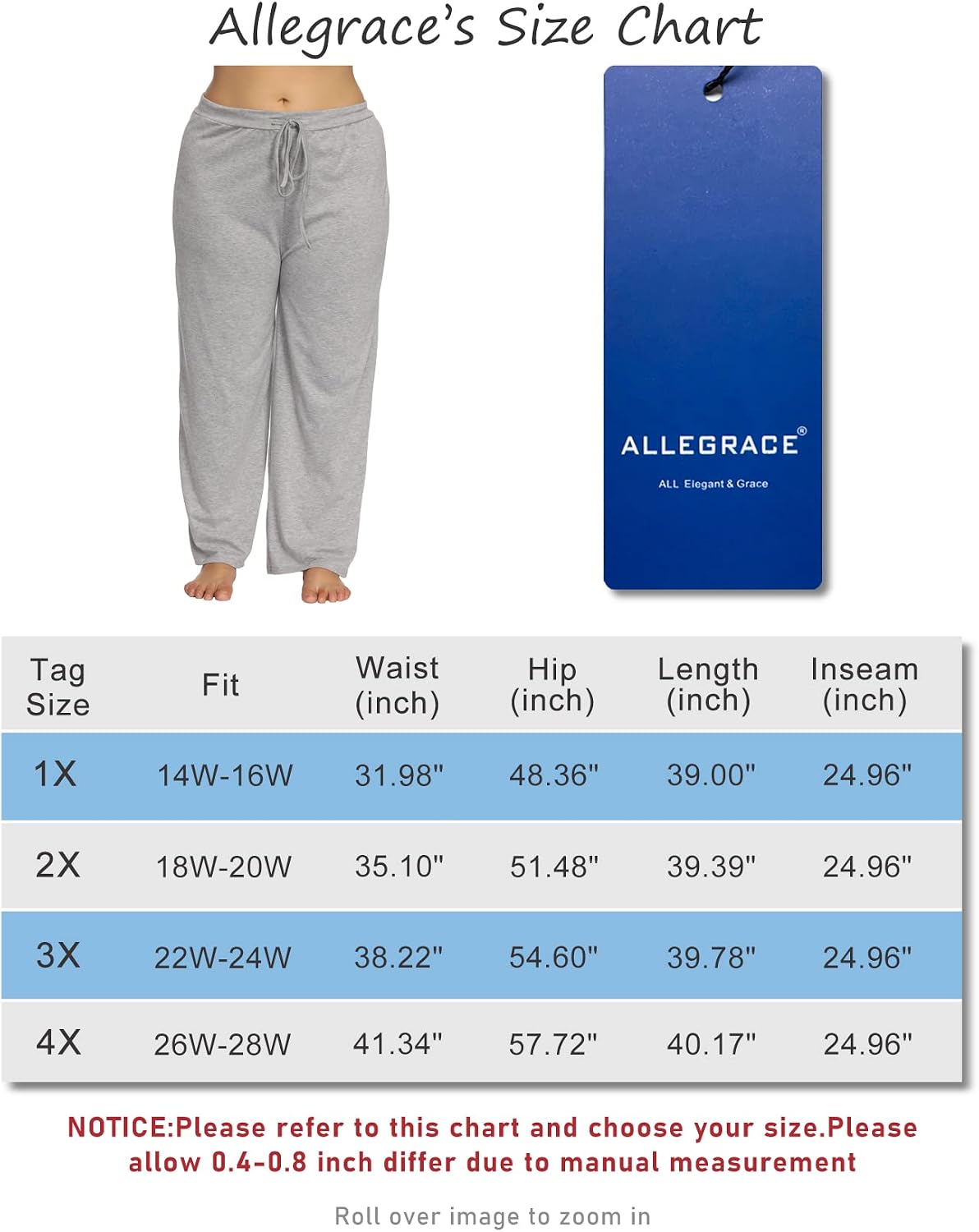 ALLEGRACE Women's Plus Size Comfy Stretch Long Pajama Pants Drawstring Sleep Lounge Pants