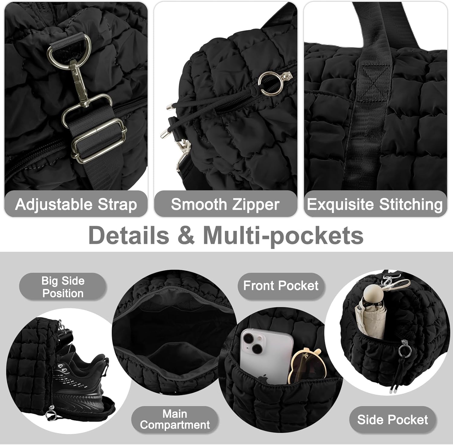 Quilted Travel Duffle Bag Gym Bag for Women,Large Puffer Duffle Weekender Bag with Compartment,Workout Overnight Carry on Organizer Bag Duffle Bag for Airplane Travel(Black) - Image 3