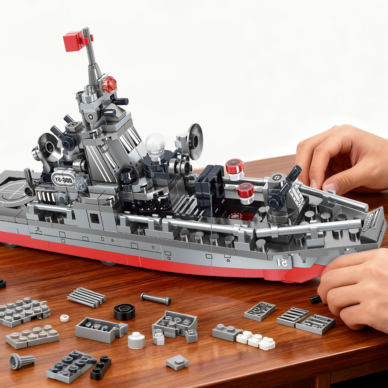 3-in-1 Military Warship Building Toys Kit (418 pcs) - Lego-Compatible Navy Destroyer Model with Radar, Missile Launcher, Aircraft | Converts to Robot or Battle Dinosaur | Creative Gift for Kids