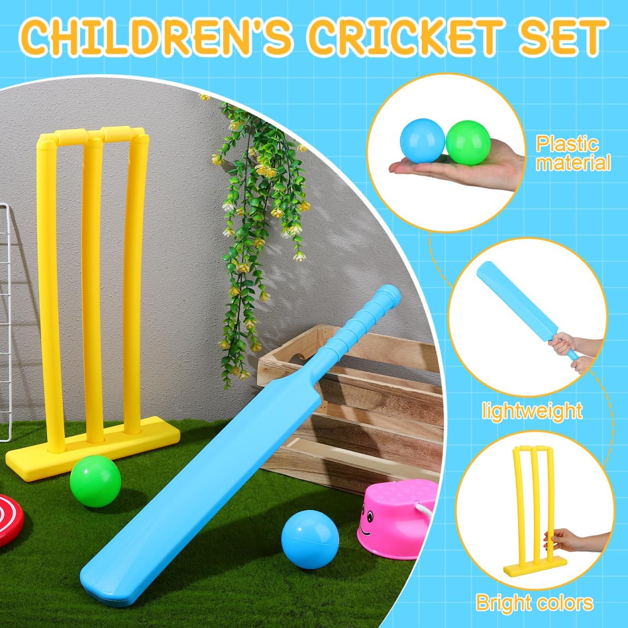 Abaodam Kids Cricket Set with Plastic Bat Ball and Stumps Cricket for Kids Outdoor Beach and Backyard Sport Game Portable Interactive Toy for Hand-Eye Coordination and Family Fun