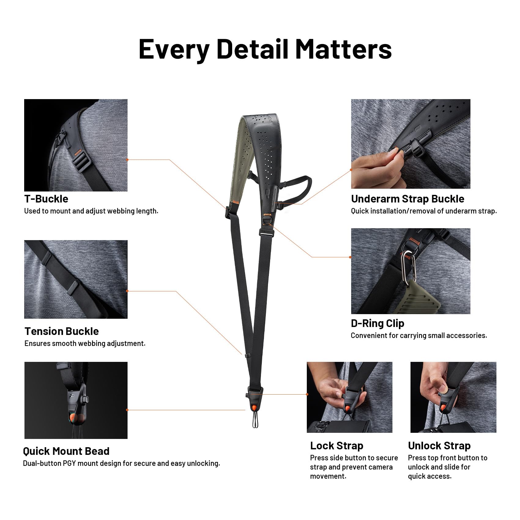 PGYTECH Camera Strap Pro, Cinghia Spalla Resistente a Sgancio Rapido Con Cinghia Ascellare Amovibile, Imbragatura Professionale