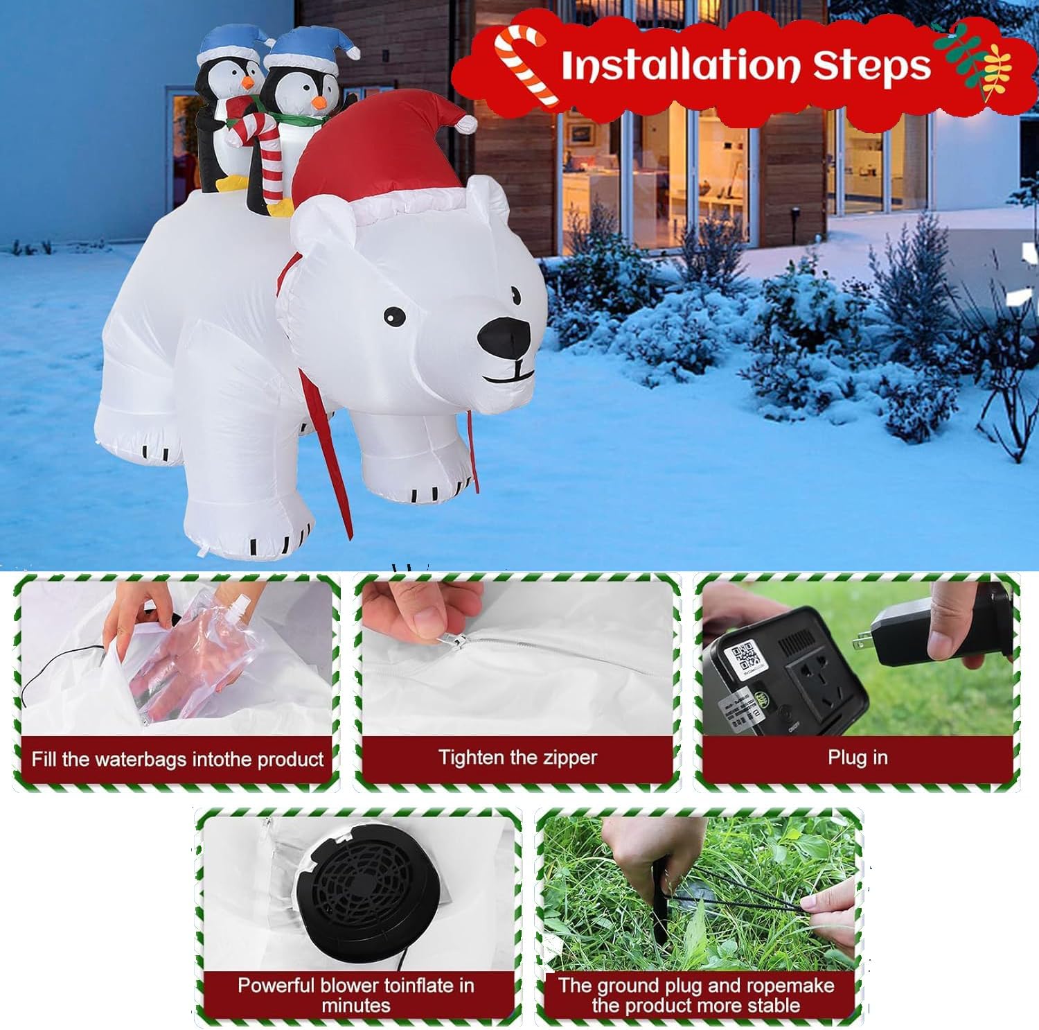 6 FT Christmas Inflatable Penguins Riding Polar Bear with Shaking Head Outdoor Decoration, Christmas Inflatables Blow Up Yard Decor with LED Lights for Xmas Holiday Party Indoor Garden Lawn Décor