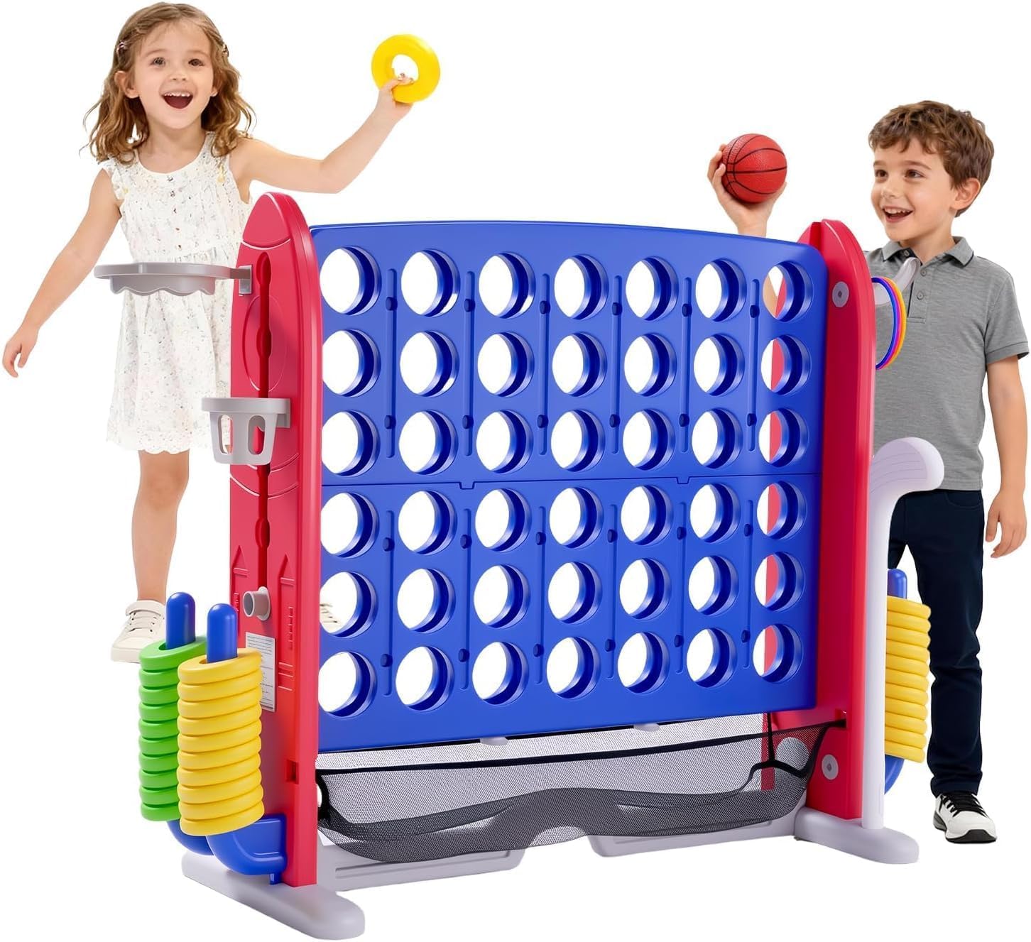 Jumbo 4-in-a-Row Connect Game, Adjustable Stand & Quick-Release Slider, 42 Rings, Indoor Outdoor Party Game for Kids & Adults, Blue