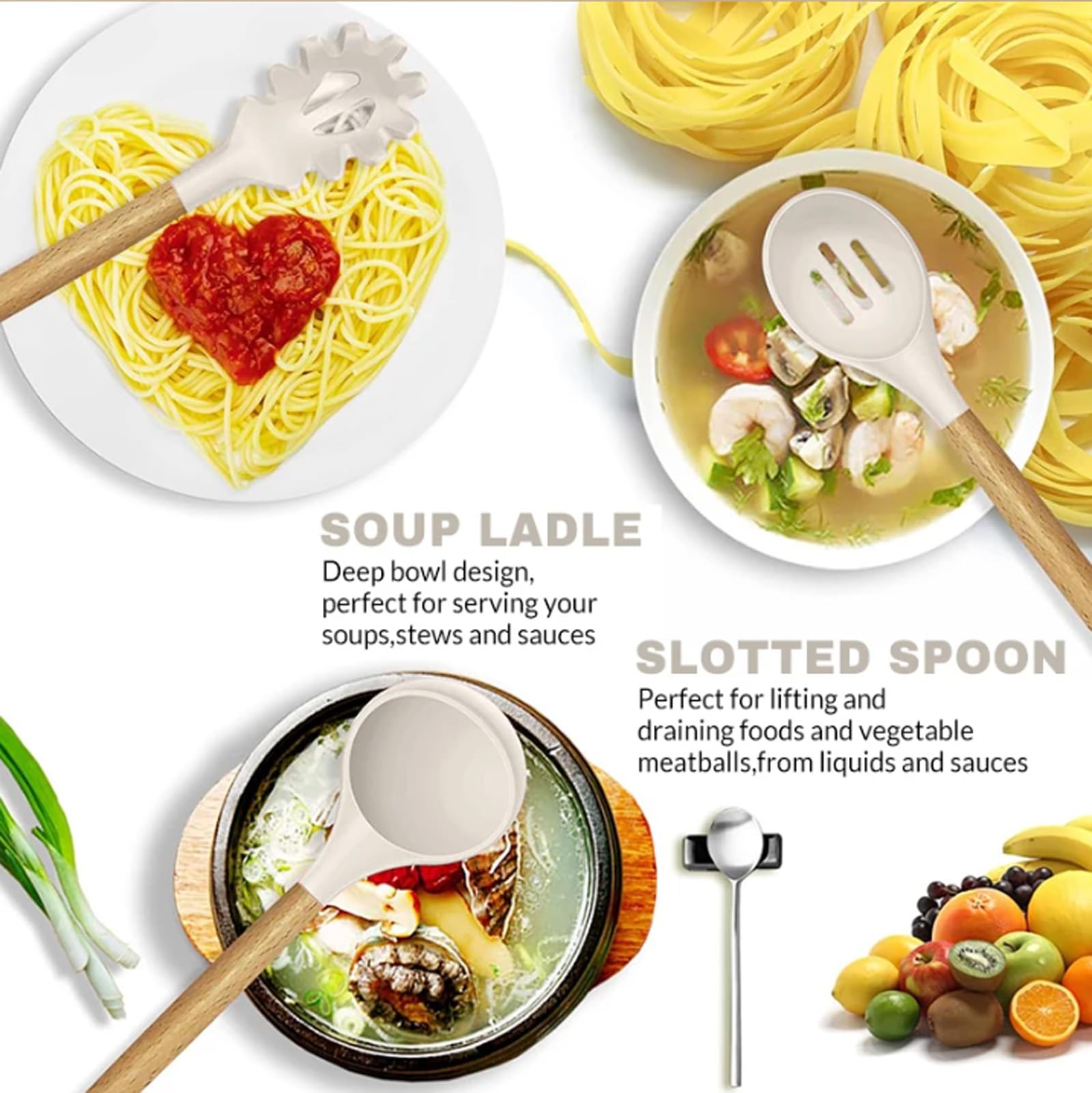 34 Stück Silikon Kochutensilien Kochbesteck Set,Küchenhelfer Set,Hitzebeständiger Kochgeschirr mit Utensilienhalter, Antihaft Kochset Küchenutensilien mit Holzgriff,Tongs,Whisk,Spatula (Beige)