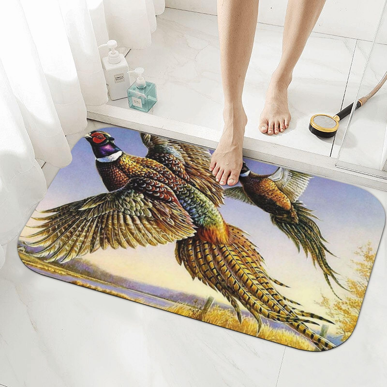 Tapis absorbant antidérapant avec motif faisans de salle de bain