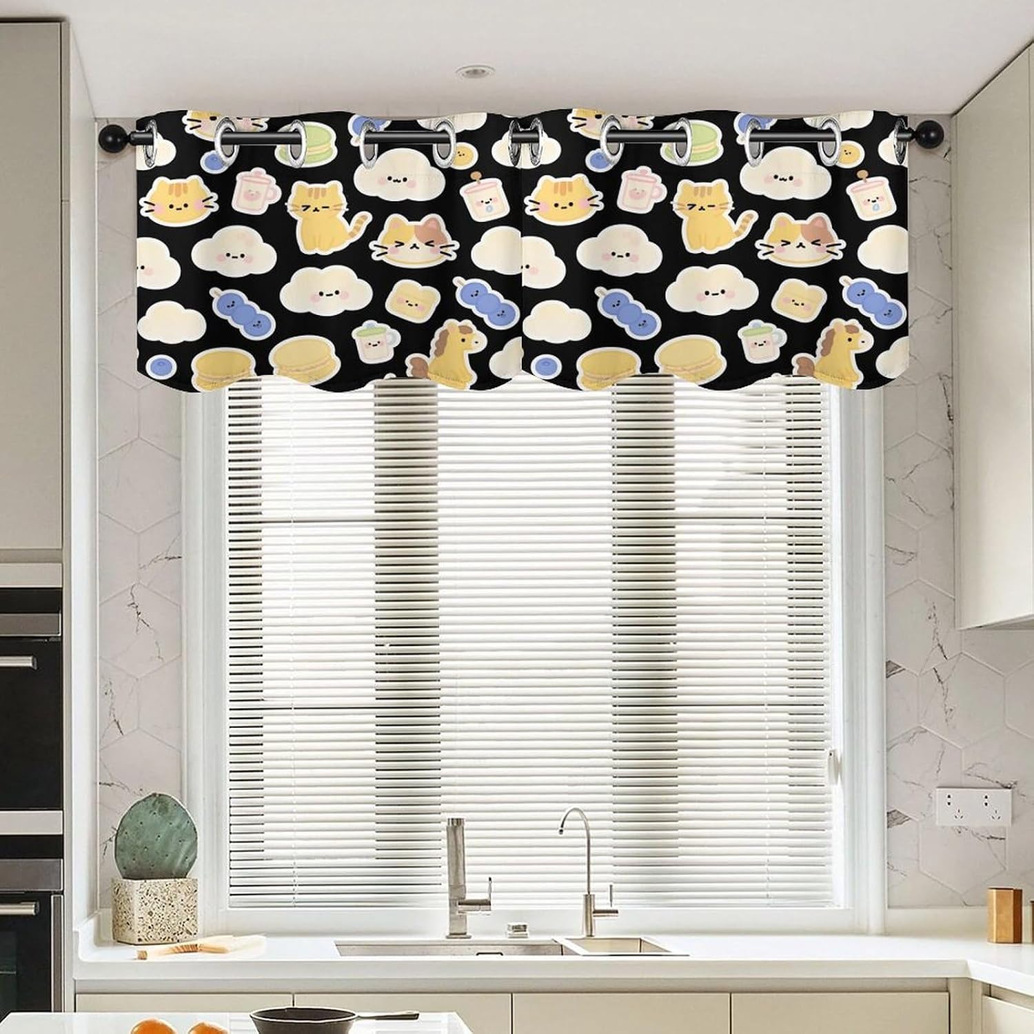 Black and Orange Cat Dessert Curtain 2 Panels, Polyester Fiber, Blackout Insulated Window Curtain, Curtain Valance for Kitchen Dining Room Living Room Cafe Small Window 52 * 18.1 Inches