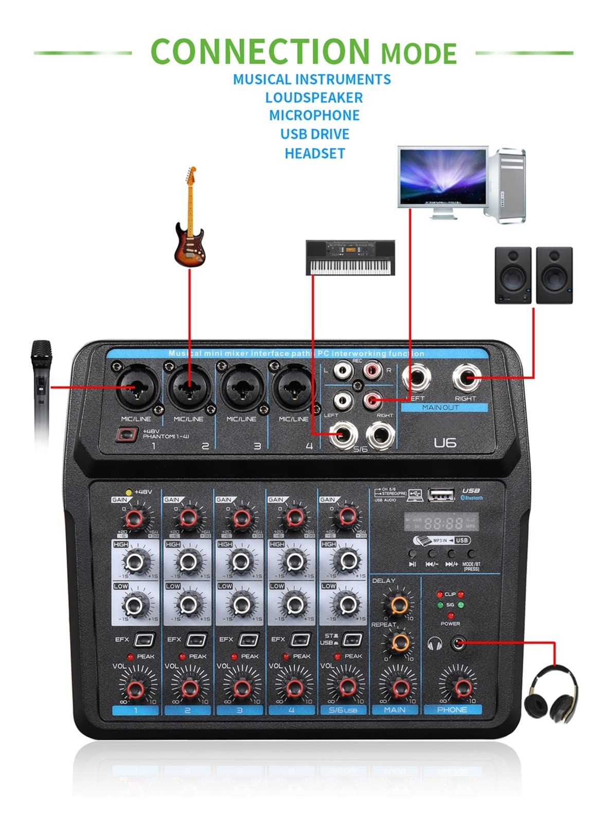 Attrezzatura per DJ per Feste Canale della Serie 4/6 DJ Mixer Multifunzionale Mixer Audio Mixer di Registrazione for Computer(U4black)