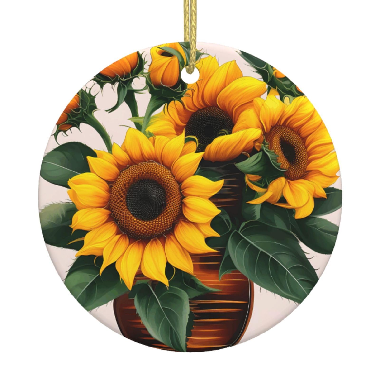 Sunflower And Rose Print Christmas Ornaments, Ceramic Hanging Ornament, Round Shape Decorations