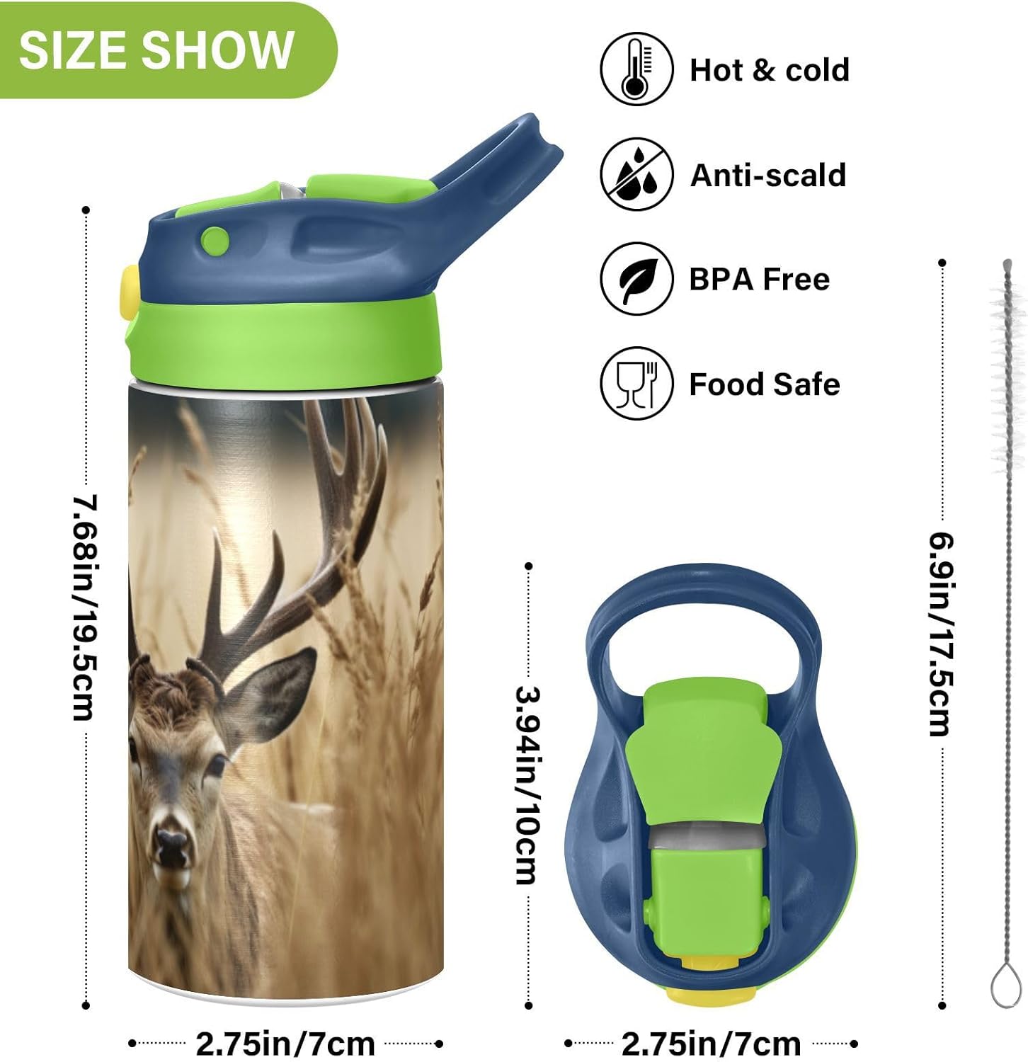 YETTASBIN Deer Water Bottle for Kids, 12 oz Leakproof Double Walled Insulated Stainless Steel Water Bottle Travel Tumbler with Straw Lid for Girls Boys Toddlers