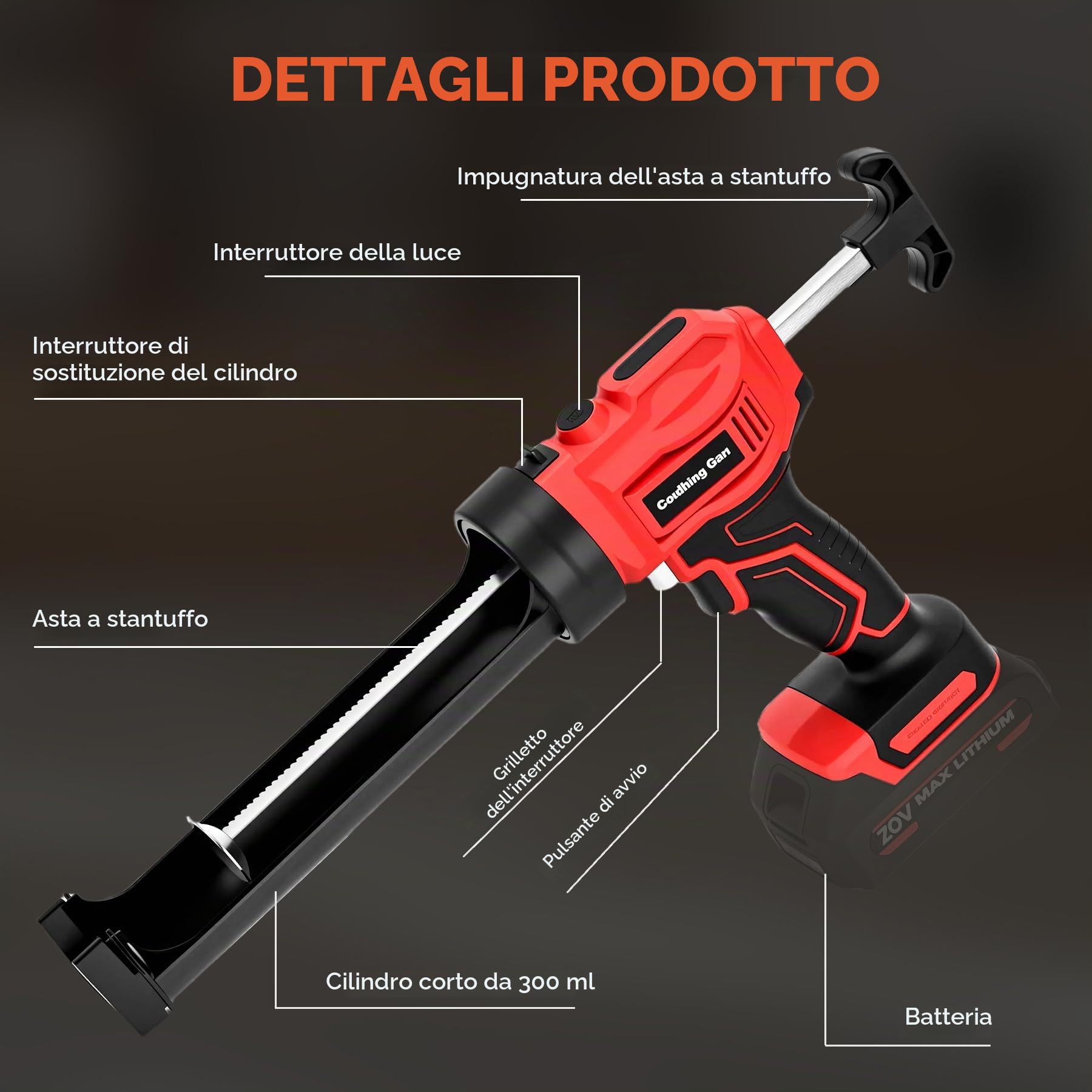 Pistola Silicone a Batteria Compatibili con Batteria 20V, 4 Velocità Pistola per Silicone Professionale da 300 ml con LED, Pistola Elettrica per Silicone da Max 2500 N (Batterie non Incluse)
