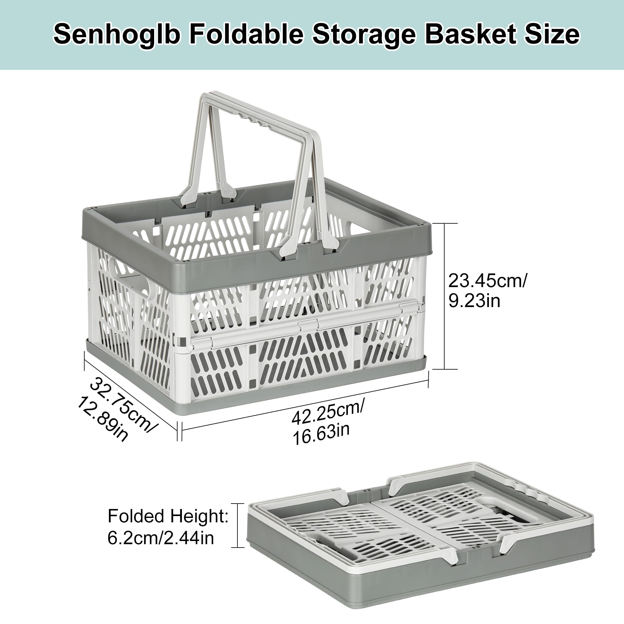 Senloglb - Cestino per la spesa pieghevole con manico, 32 l, in plastica, pieghevole, per auto, ufficio, supermercati, campeggio, aule, colore grigio
