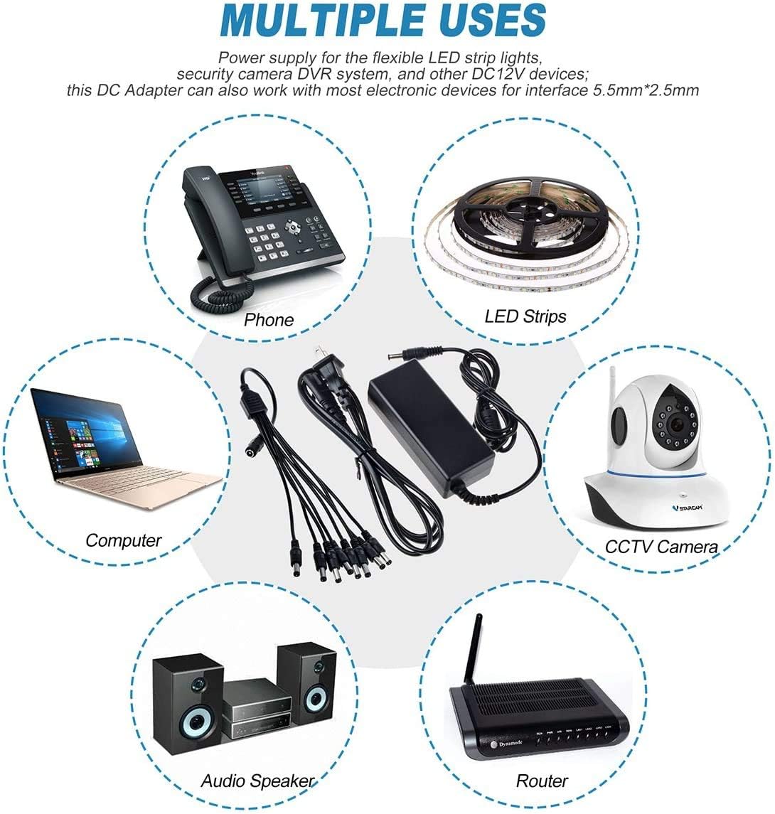 New 12V 5A 60W DC Power Supply with a 8 Way CCTV Power Splitter Cable for CCTV Cameras,LED Srip Light (1 Piece)