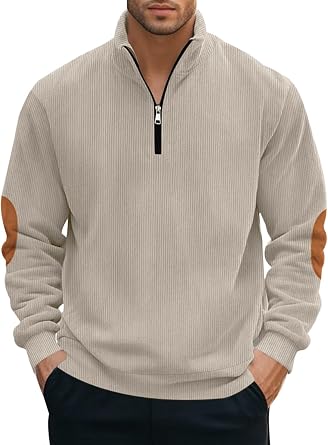 Mens Quarter Zip Pullover Sweater Corduroy Sweatshirt Long Sleeve