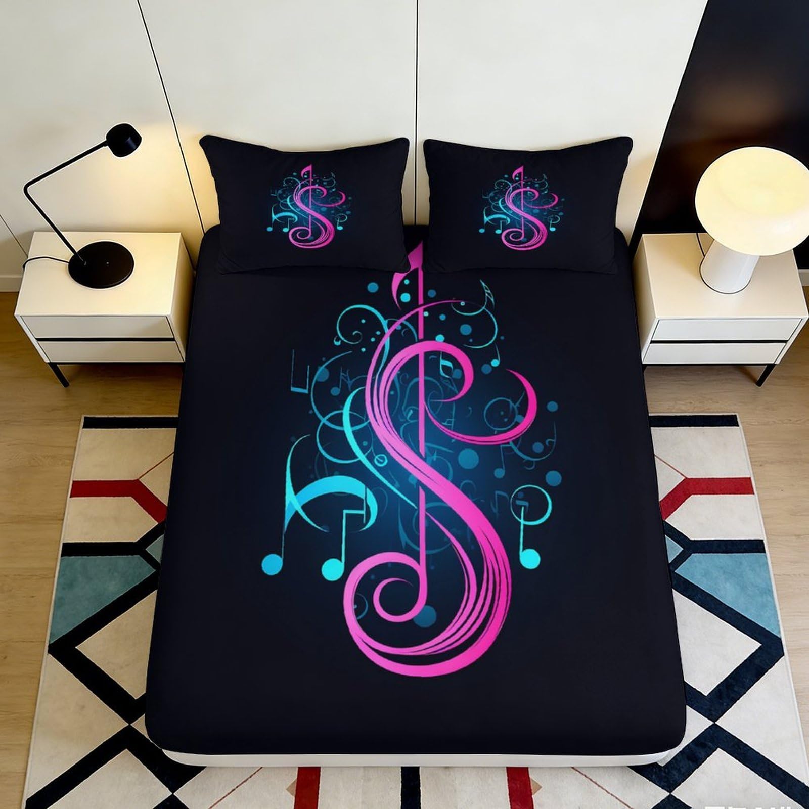 Pnayamiorkfel Style-7 3D Printed Neon Music Notes Fitted Sheet Microfiber Soft Black Bed Cover For Bedroom Dorm Mattress Decor Protector 90X200x25cm