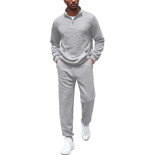 COOFANDY Men's Tracksuit 2 Piece Quarter Zip Sweatsuit Workout Plaid Jacquard Jogging Suit Set
