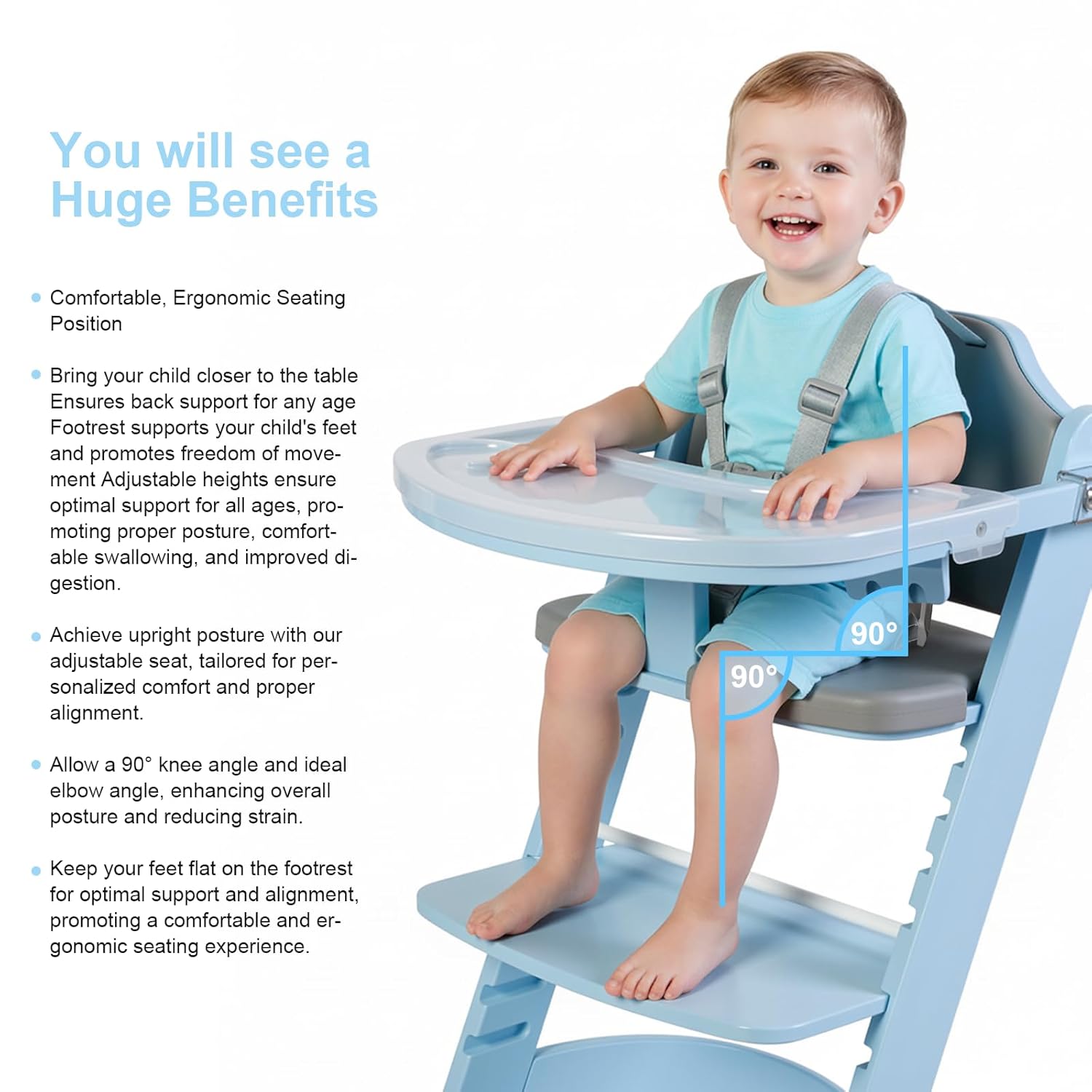 Cowiewie New Upgrade 3-in-1 Convertible Wooden High Chair for Babies & Toddlers 10 Levels Adjustable 3-Tier Remove 2 Waterproof Cozy Cushions Blue