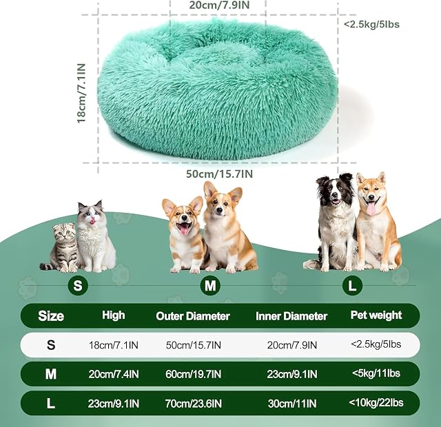 Foto 6 de 7 de DONWEI Cama Redonda Verde Mascotas 50CM Felpa Antiestrés Lavable Hogar