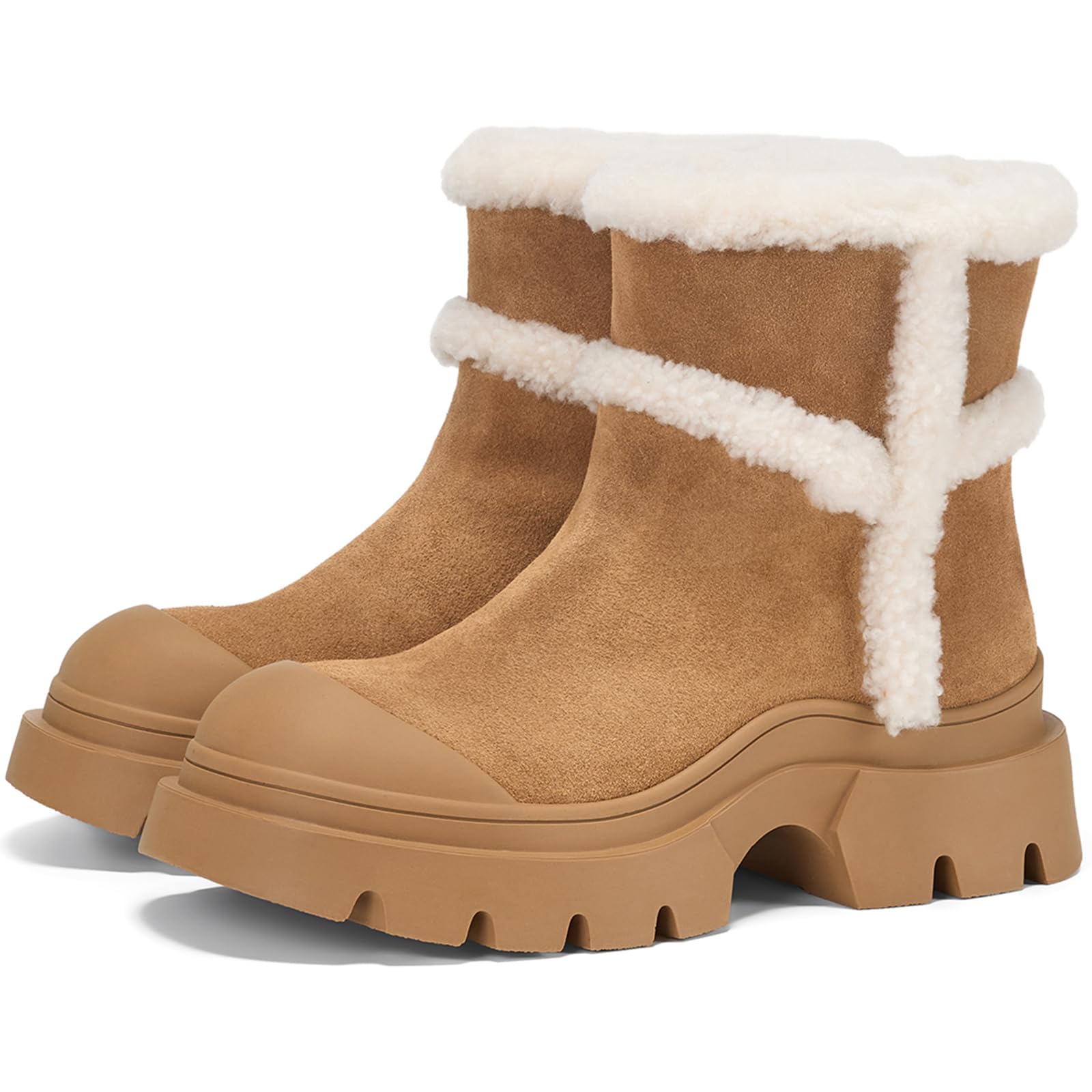 TDD Fur Boots for Women Suede Shearling Sheepskin Platform Brown Winter Lined Anti-Slip Cozy Booties Insulated Warm Shoes