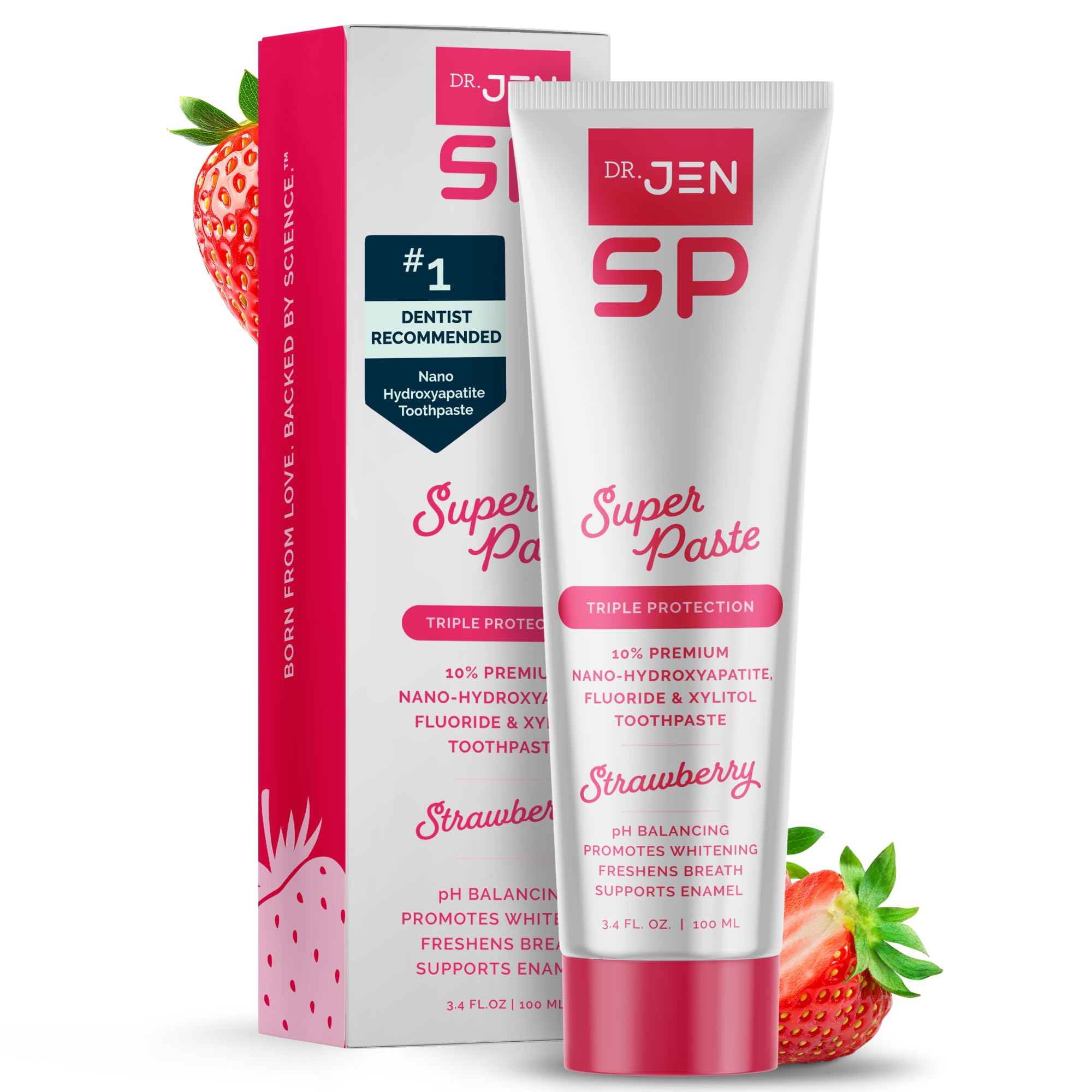 Dr. Jen Super Paste Toothpaste with Fluoride + 10% Nano Hydroxyapatite, Xylitol, Strawberry, SLS Free, Vegan, Dentist Designed, Essential Oils, Fresh Clean Feel, 1 Pack